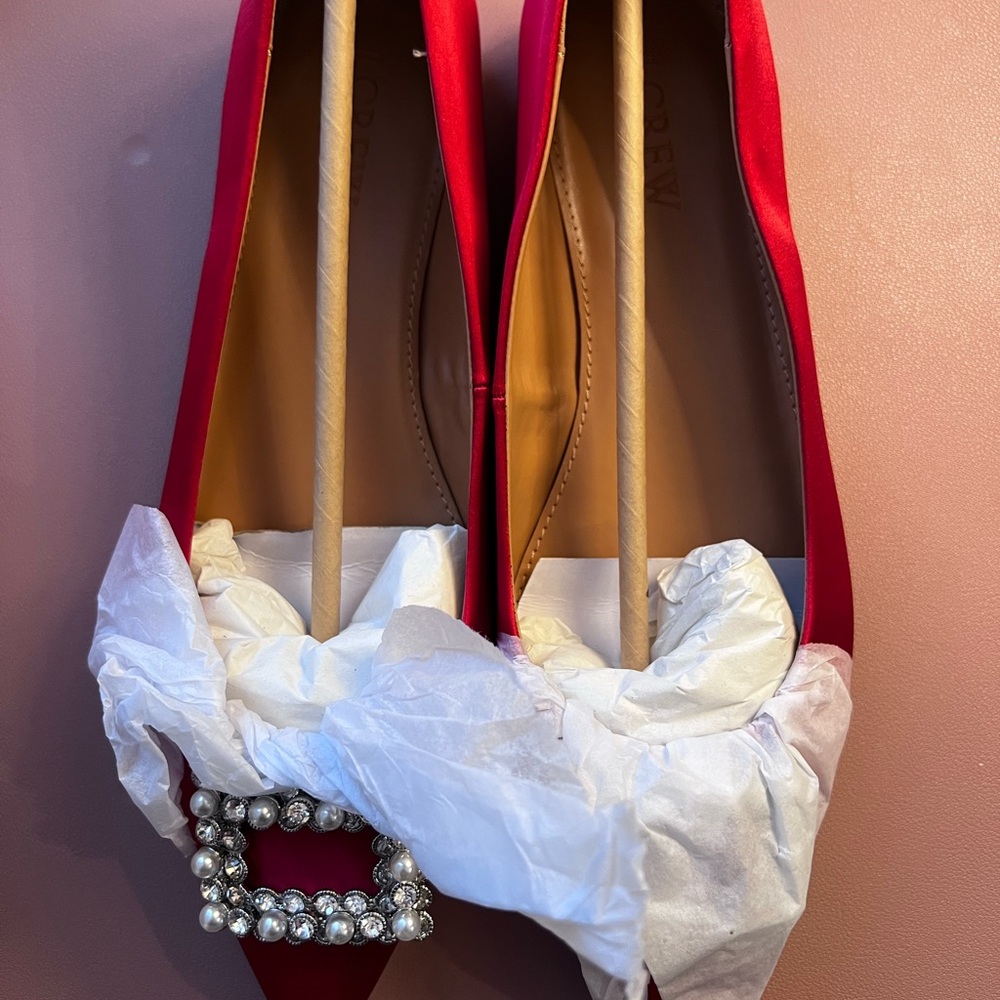 J. Crew Red Satin Heels with Rhinestone Buckle